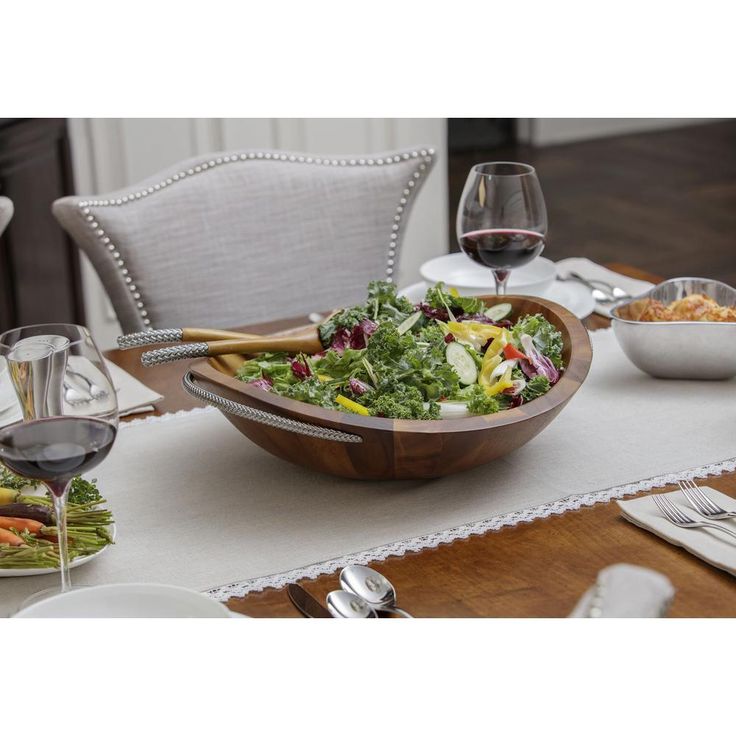 20 in. 32 oz. Braid Wooden Salad Bowl with Servers