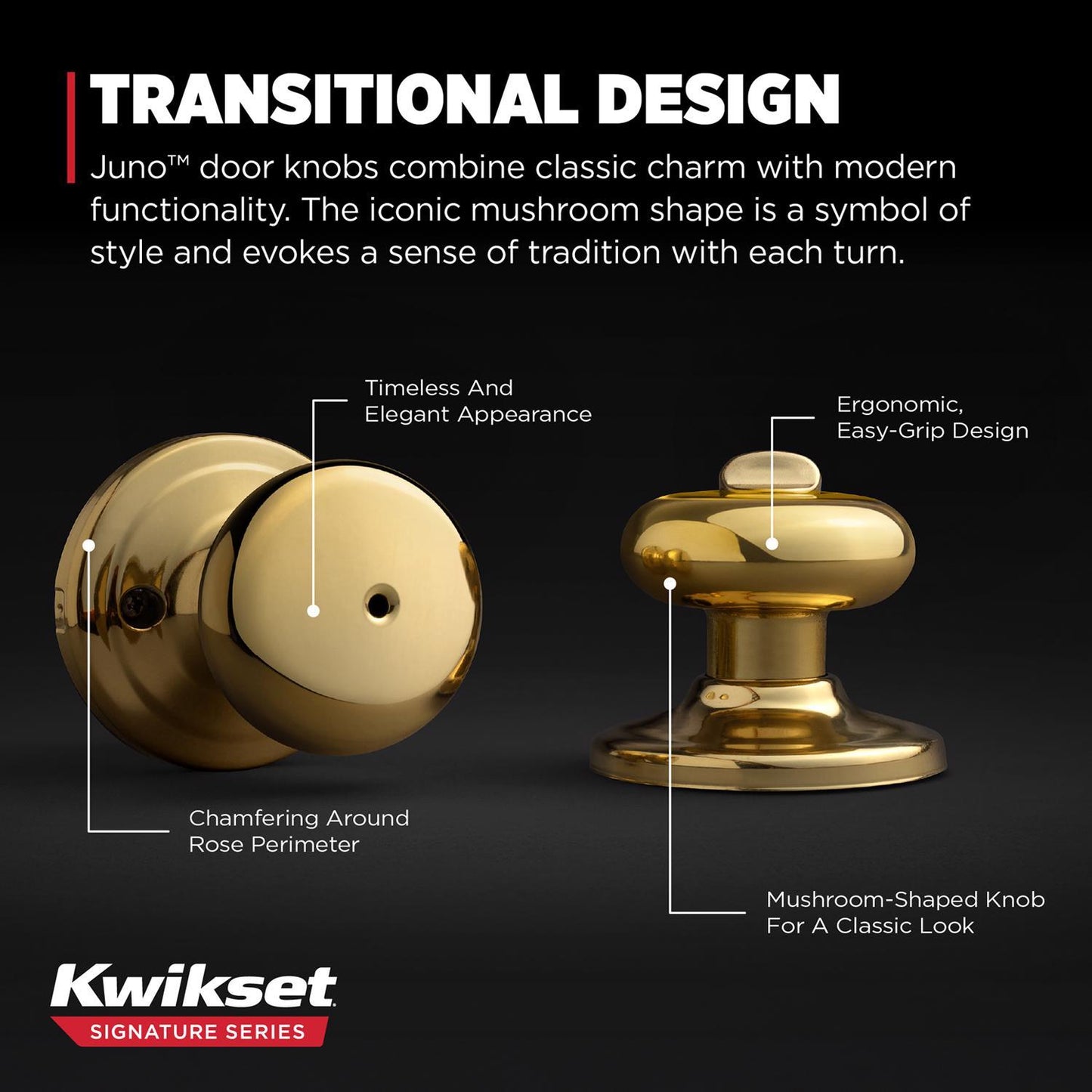 Kwikset Juno Polished Brass Privacy Lockset, ANSI/BHMA Grade 2, 1.75 in Door Thickness