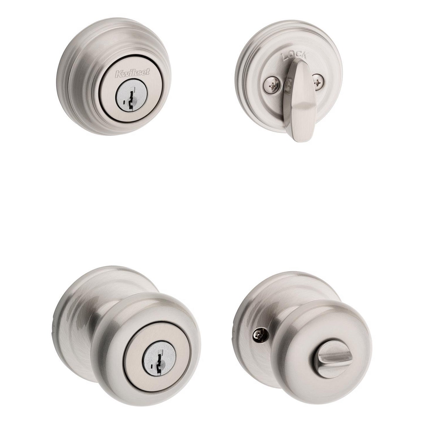 Kwikset SmartKey Juno Satin Nickel Knob and Single Cylinder Deadbolt, ANSI/BHMA Grade 2, KW1, 1-3/4 in.