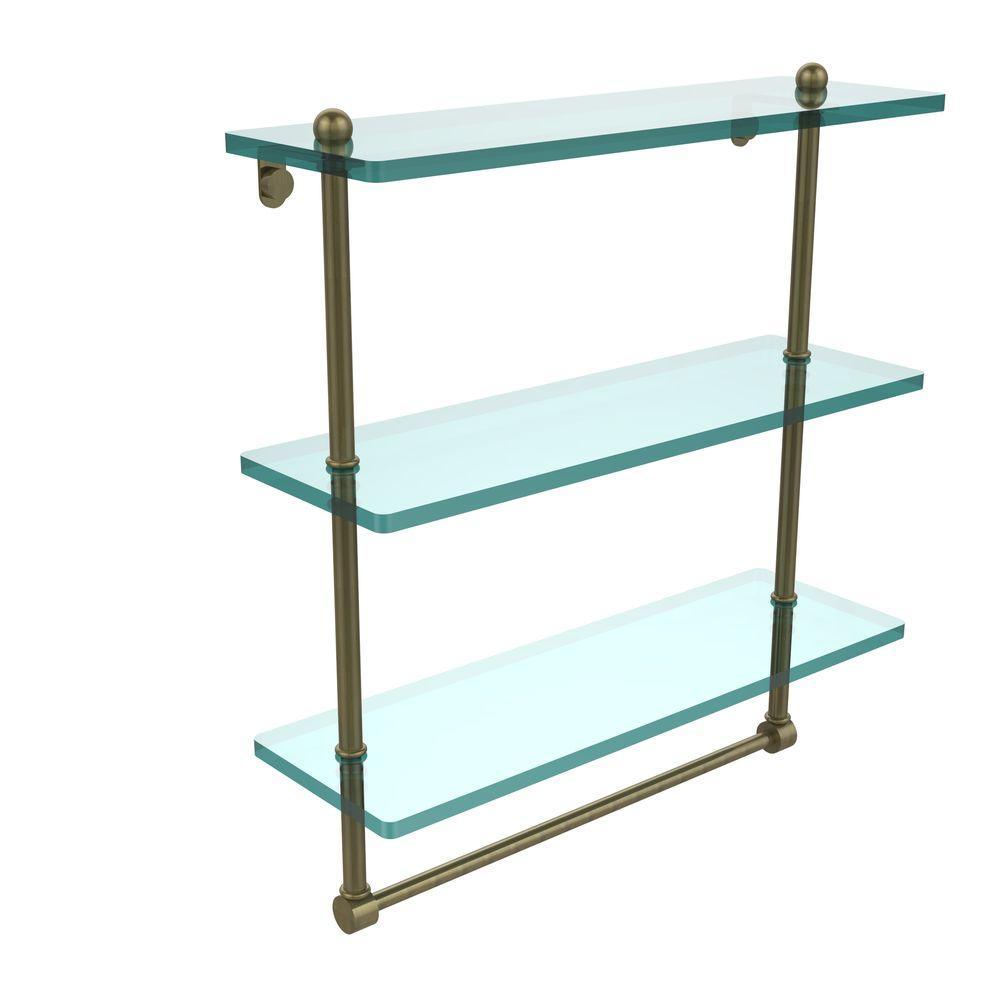 16 in. L  x 18 in. H  x 5 in. W 3-Tier Clear Glass Bathroom Shelf with Towel Bar in Satin Nickel - Super Arbor