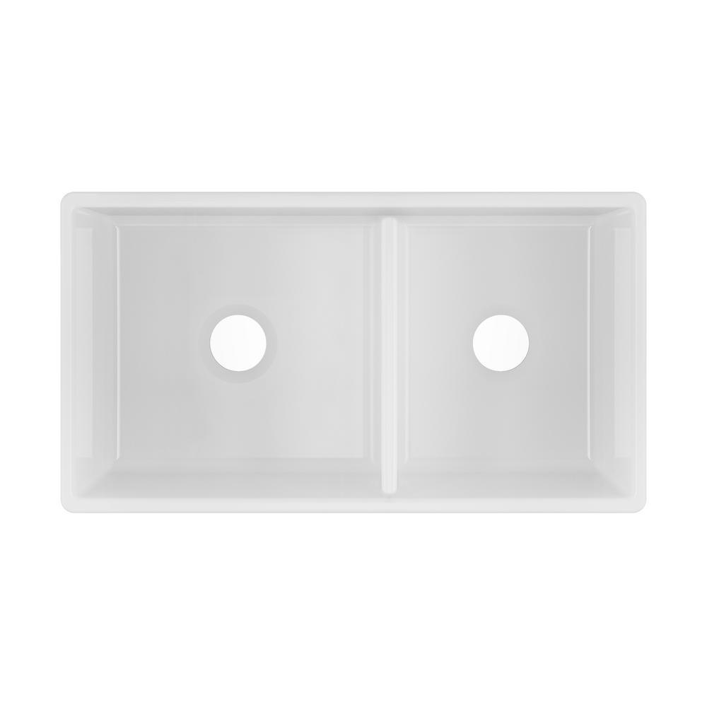 Farmhouse Apron Front Fireclay 33 in. 60/40 Double Bowl Kitchen Sink in White with Grids and Strainers - Super Arbor