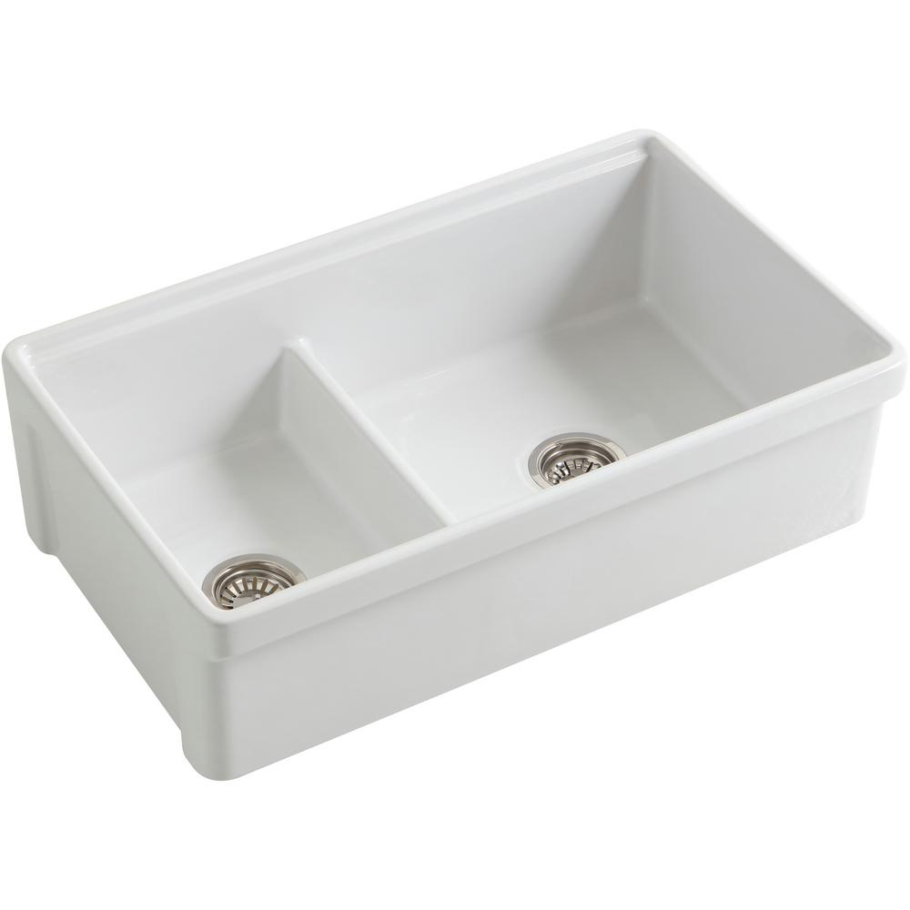 Tosca Farmhouse Fireclay 33 in. 60/40 Double Bowl Kitchen Sink in White with Cutting-Board, Bottom Grid and Strainer - Super Arbor