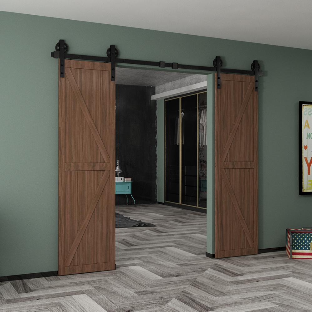 8 ft./96 in. Black Steel Sliding Barn Door Track and Hardware Kit for Double Doors with Floor GuideBigwheel J Shape) - Super Arbor