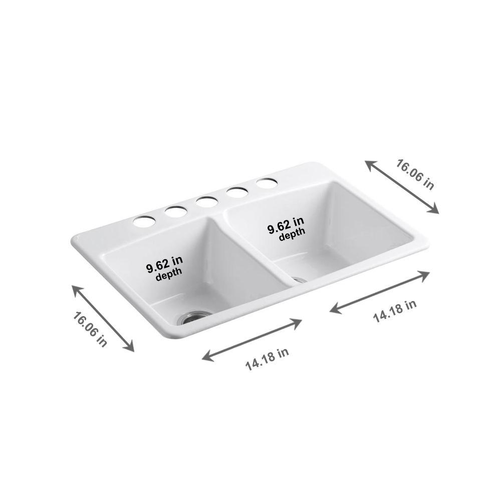 Brookfield Undermount Cast Iron 33 in. 5-Hole Double Bowl Kitchen Sink in White - Super Arbor