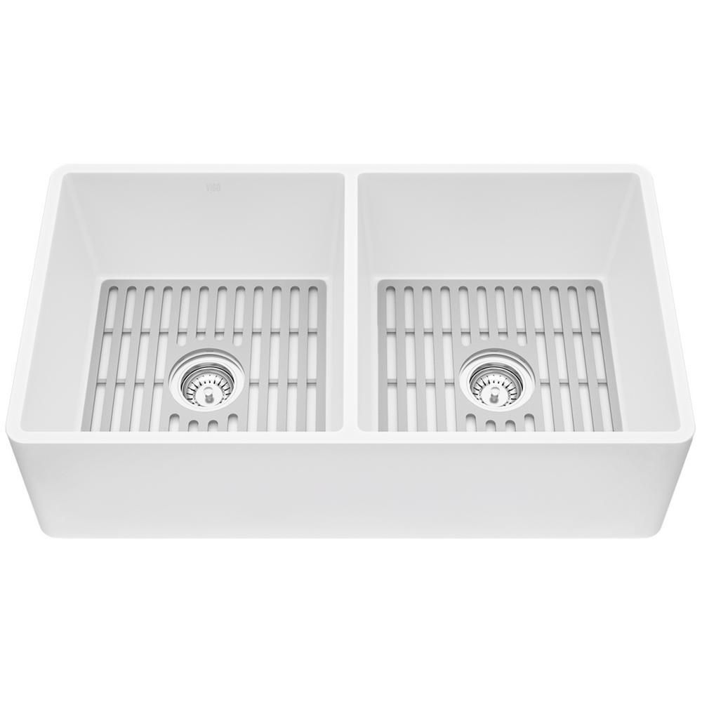 Matte Stone White Composite 33 in. Double Bowl Reversible Flat Farmhouse Apron-Front Kitchen Sink with 2 Strainers - Super Arbor