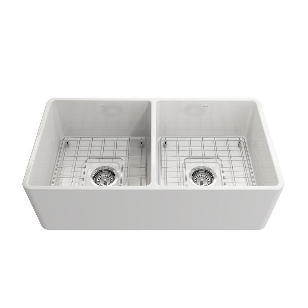 Classico Farmhouse Apron Front Fireclay 33 in. Double Bowl Kitchen Sink with  Bottom Grid and Strainer in White - Super Arbor