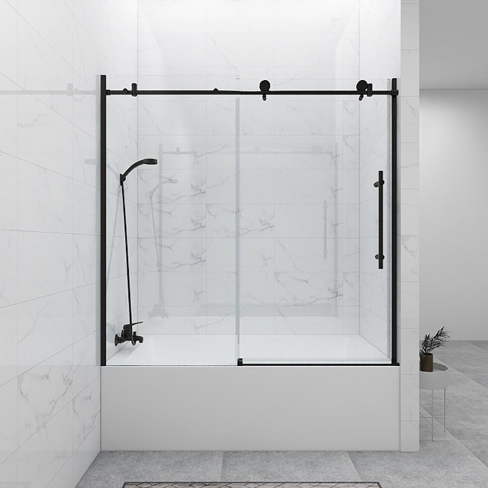 60 in. W x 59 in. H Sliding Frameless Bathtub Door in Matte Black with Clear Glass and Handle - Super Arbor