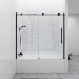 60 in. W x 59 in. H Sliding Frameless Bathtub Door in Matte Black with Clear Glass and Handle - Super Arbor