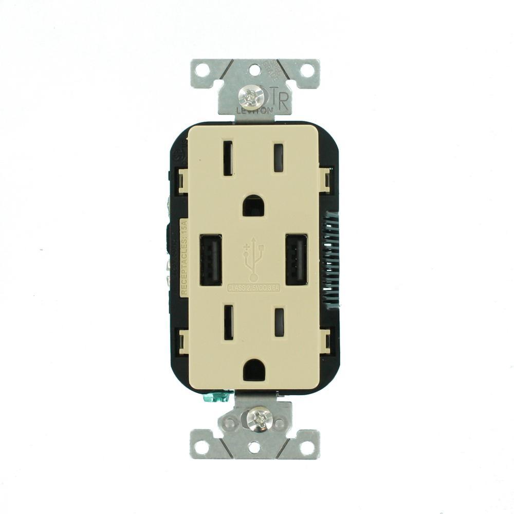 3.6A USB Dual Type A In-Wall Charger with 15 Amp Tamper-Resistant Outlets, Ivory - Super Arbor
