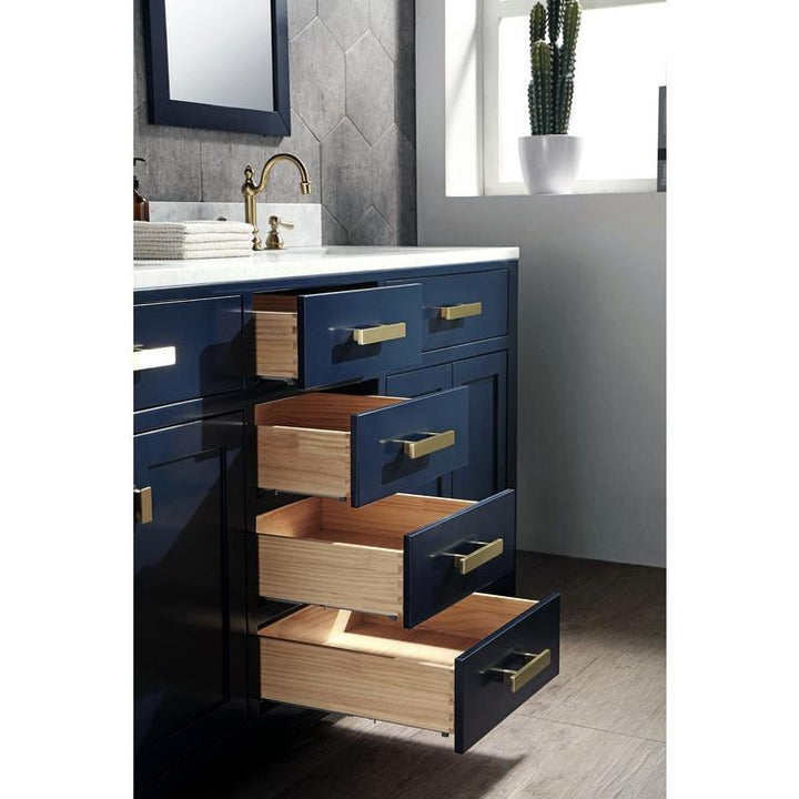 Madison 72 in. Bath Vanity in Monarch Blue with Carrara White Marble Vanity Top with White Basins