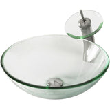 VIGO Glass Vessel Bathroom Sink in Clear Crystalline Glass with Waterfall Faucet Set in Brushed Nickel