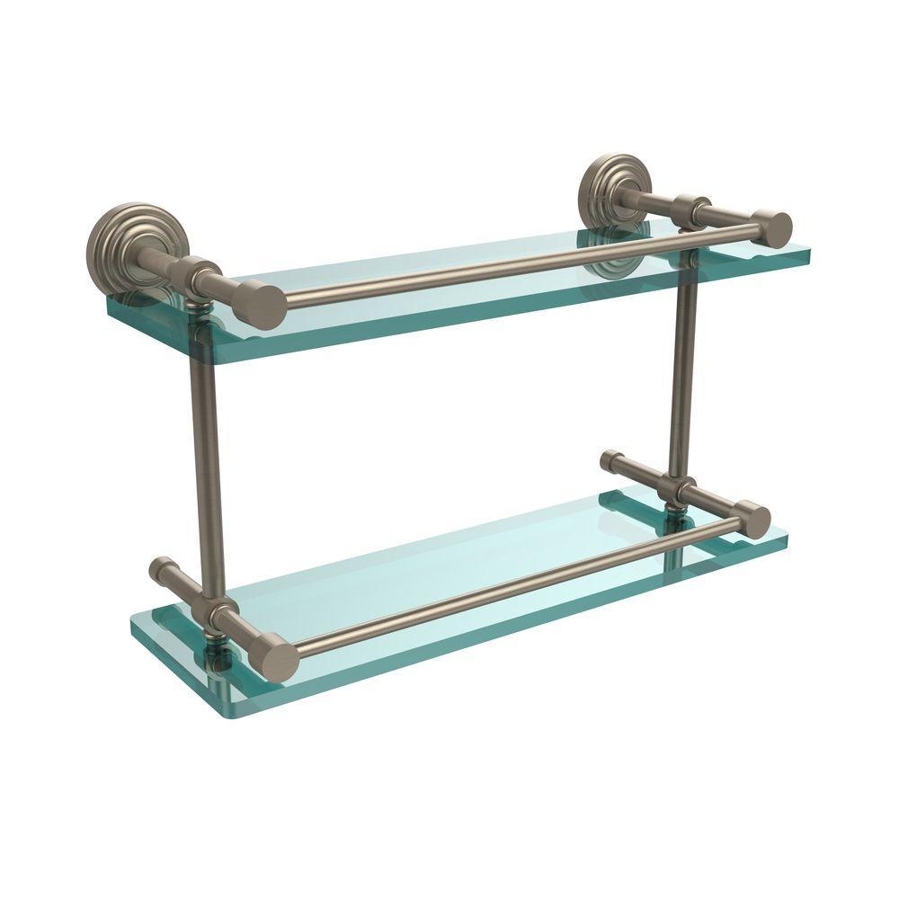 Waverly Place 16 in. L x 8 in. H x 5 in. W 2-Tier Clear Glass Bathroom Shelf with Gallery Rail in Satin Nickel - Super Arbor