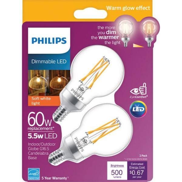 Philips 60-Watt Equivalent G16.5 Dimmable LED Light Bulb with Warm Glow Dimming Effect Soft White (2-Pack)