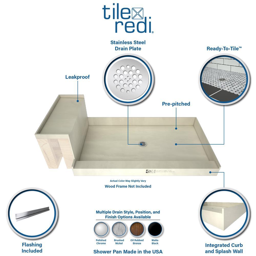 Base'N Bench 42 in. x 60 in. Alcove Shower Base and Bench Kit with Center Drain and Polished Chrome Drain Plate - Super Arbor
