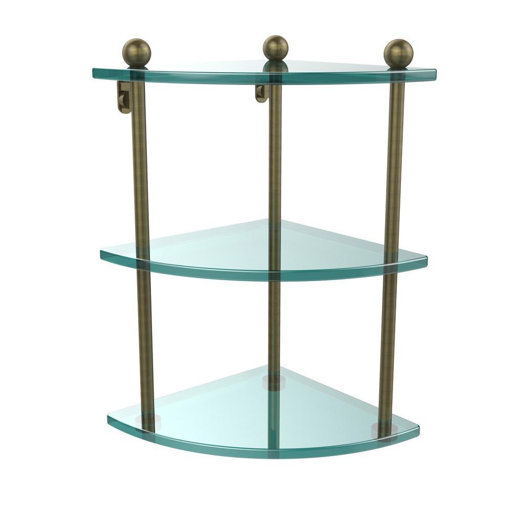 8 in. L  x 15 in. H  x 8 in. W 3-Tier Corner Clear Glass Bathroom Shelf in Satin Nickel - Super Arbor