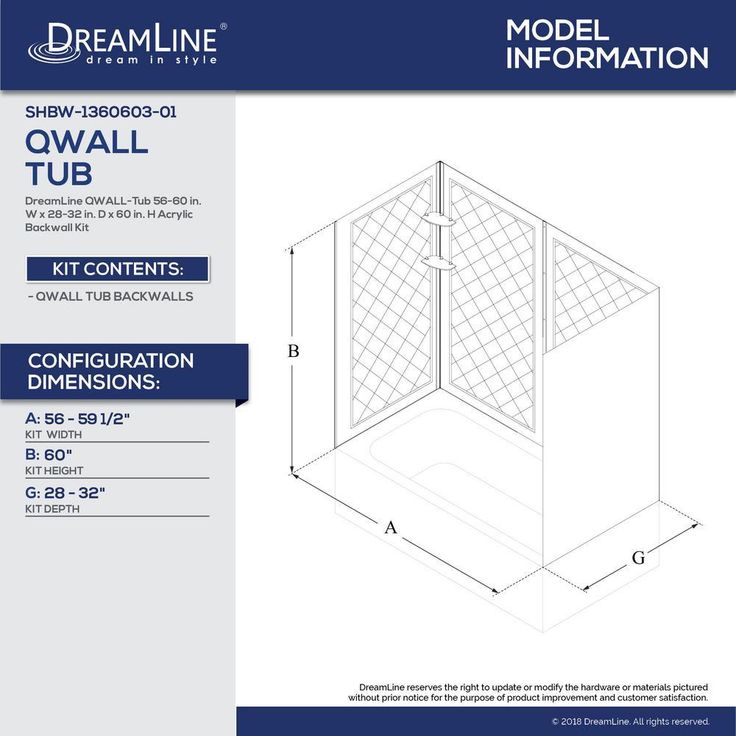 DreamLine QWALL-Tub 28-32 in. D x 56-60 in. W x 60 in. H 4-Piece Easy Up Adhesive Tub Surround, White