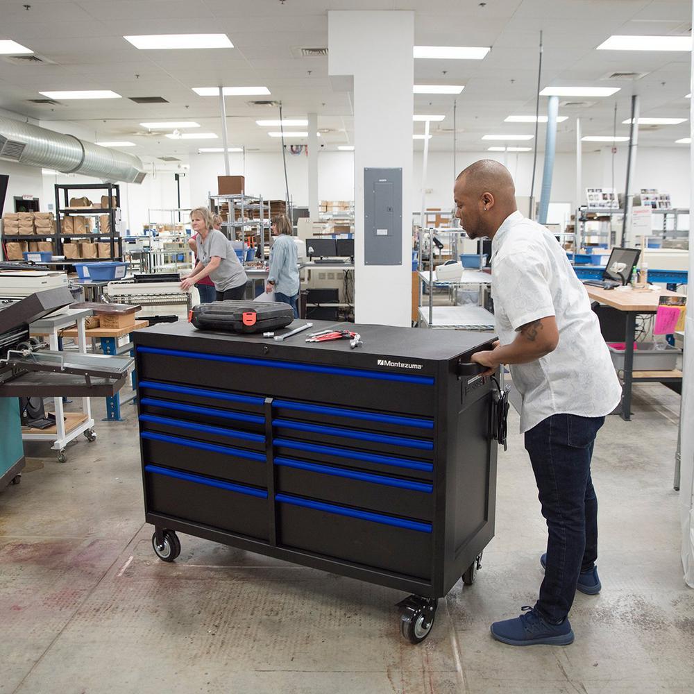 56 in. x 24 in. 11-Drawer Roller Cabinet Tool Chest with Power and USB Outlets in Black and Blue - Super Arbor