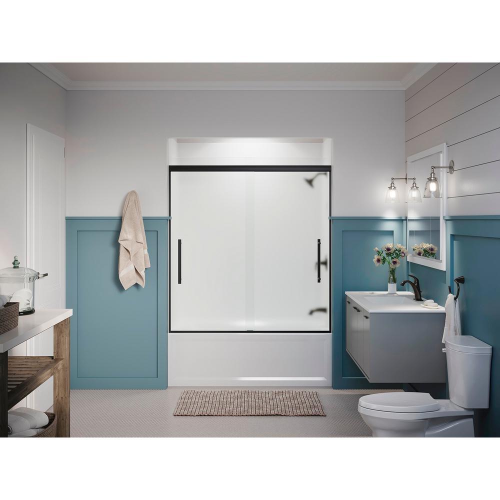 Pleat 59.625 in. x 63.5625 in. Frameless Sliding Bathtub Door in Matte Black with Frosted Glass - Super Arbor