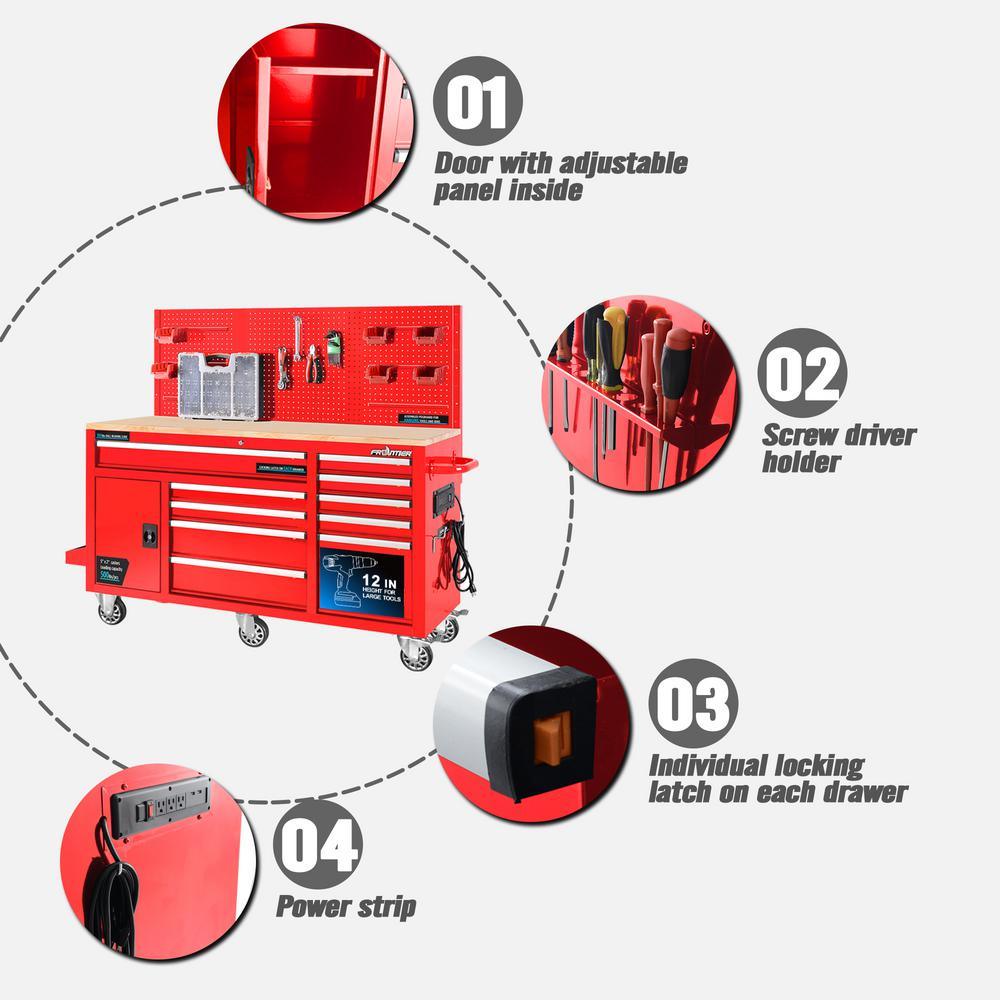 62 in. 10-Drawer Tool Chest Cabinet with Pegboard Back Wall Heavy-Duty Mobile Workbench in Red - Super Arbor