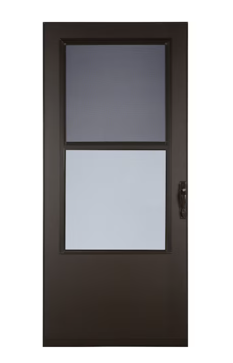LARSON West Point 36-in x 81-in Brown Mid-view Self-storing Wood Core Storm Door with Brown Handle