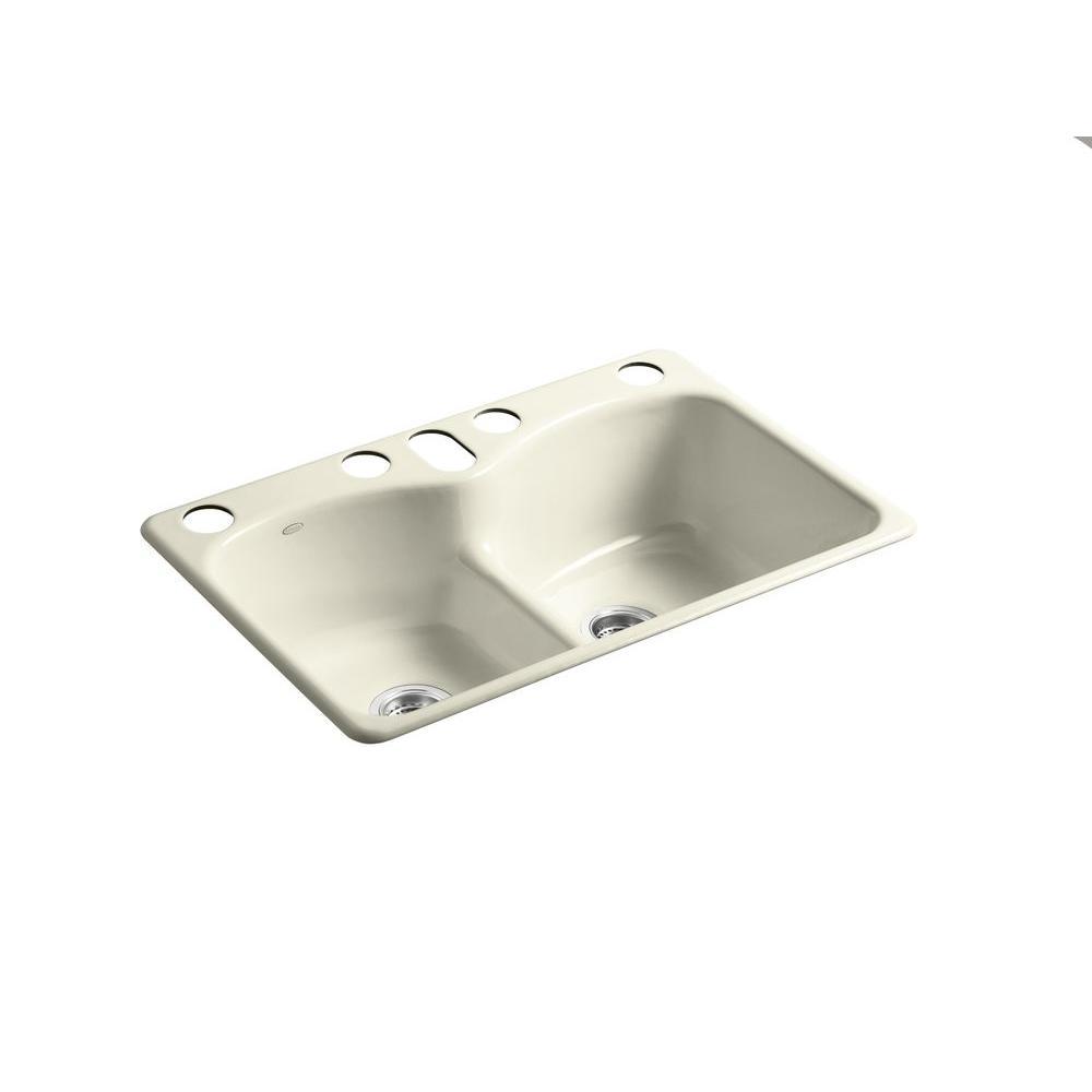 Langlade Smart Divide Undermount Cast Iron 33 in. 6-Hole Double Bowl Kitchen Sink in White - Super Arbor