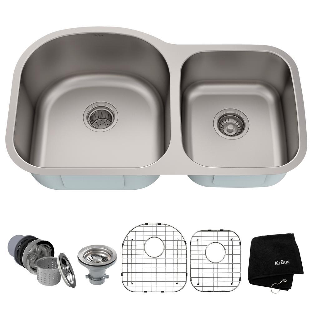 Premier Undermount Stainless Steel 32 in. 60/40 Double Bowl Kitchen Sink - Super Arbor