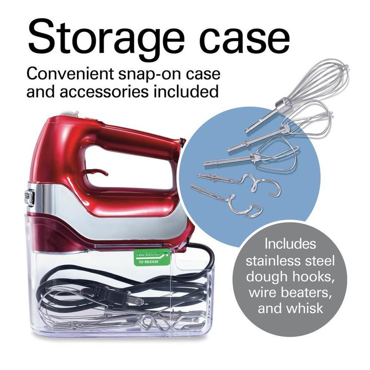 5-Speed Red and Chrome Hand Mixer with Stainless Steel Twisted Wire Beaters, Whisk, Dough Hooks and Snap-On Storage Case
