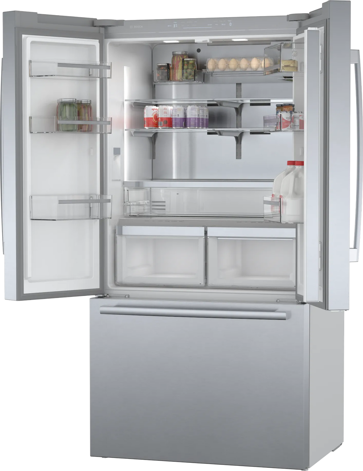 Bosch 800 Series 36 in. 21 cu. ft. French 3-Door Counter-Depth Refrigerator, Stainless Steel, Dual Compressor (B36CT80SNS)