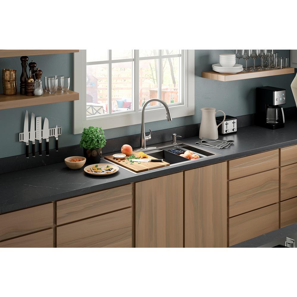 Lyric Dual Mount Workstation Stainless Steel 33 in 4-Hole Single Bowl Kitchen Sink with Integrated Ledge and Accessories - Super Arbor