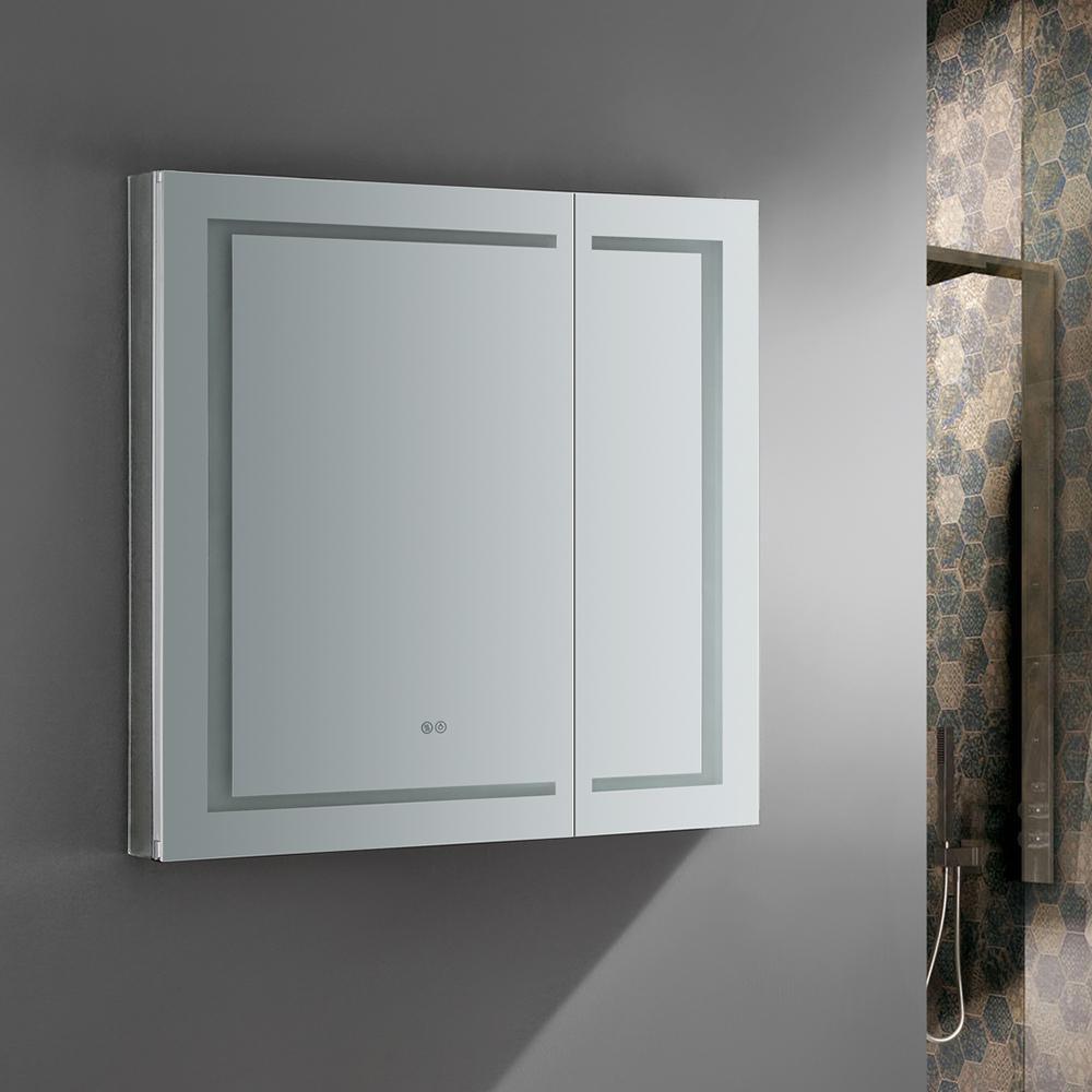 Spazio 36 in. W x 36 in. H Recessed or Surface Mount Medicine Cabinet with LED Lighting and Mirror Defogger - Super Arbor