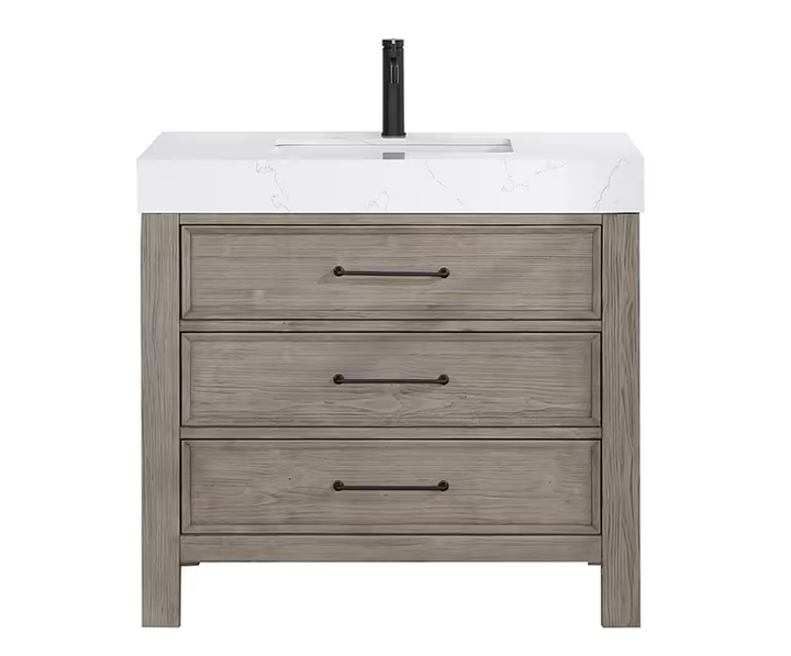 León 36 in.W x 22 in.D x 34 in.H Single Sink Bath Vanity in Fir Wood Grey with White Composite Stone Top