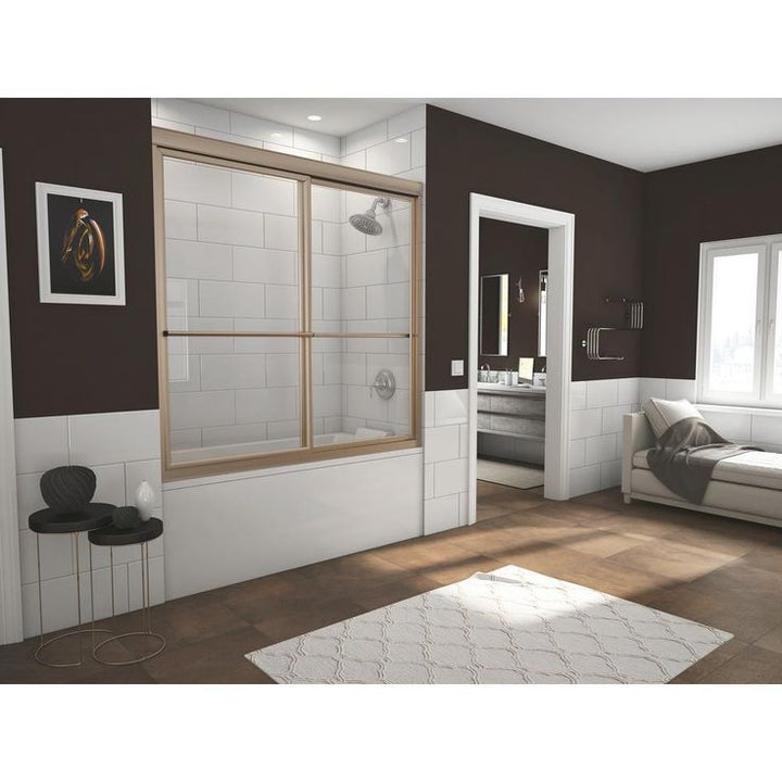 Newport 66 in. to 67.625 in. x 58 in. Framed Sliding Bathtub Door with Towel Bar in Brushed Nickel with Clear Glass