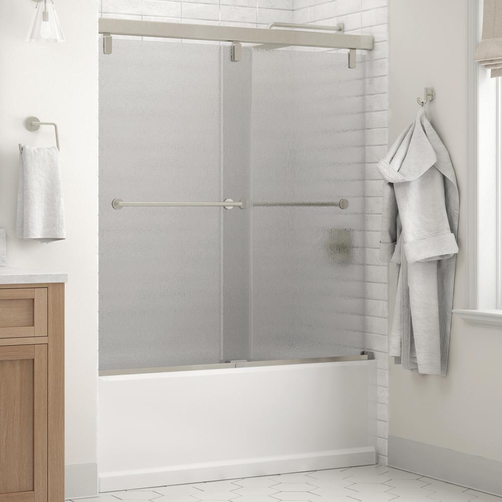 Everly 60 in. x 59-1/4 in. Mod Semi-Frameless Sliding Bathtub Door in Nickel and 1/4 in. (6mm) Mozaic Glass - Super Arbor