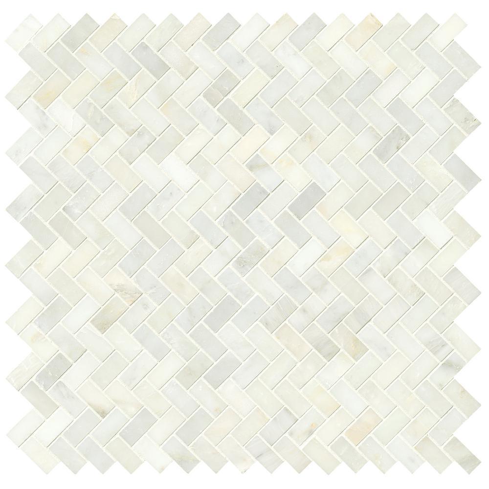 Greecian White Herringbone Pattern 12 in. x 12 in. x 10 mm Polished Marble Mesh-Mounted Mosaic Tile (10 sq. ft./case) - Super Arbor