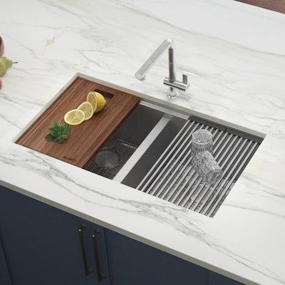 Ruvati Roma 33-in x 19-in Brushed Stainless Steel Double Equal Bowl Undermount Residential Workstation Kitchen Sink