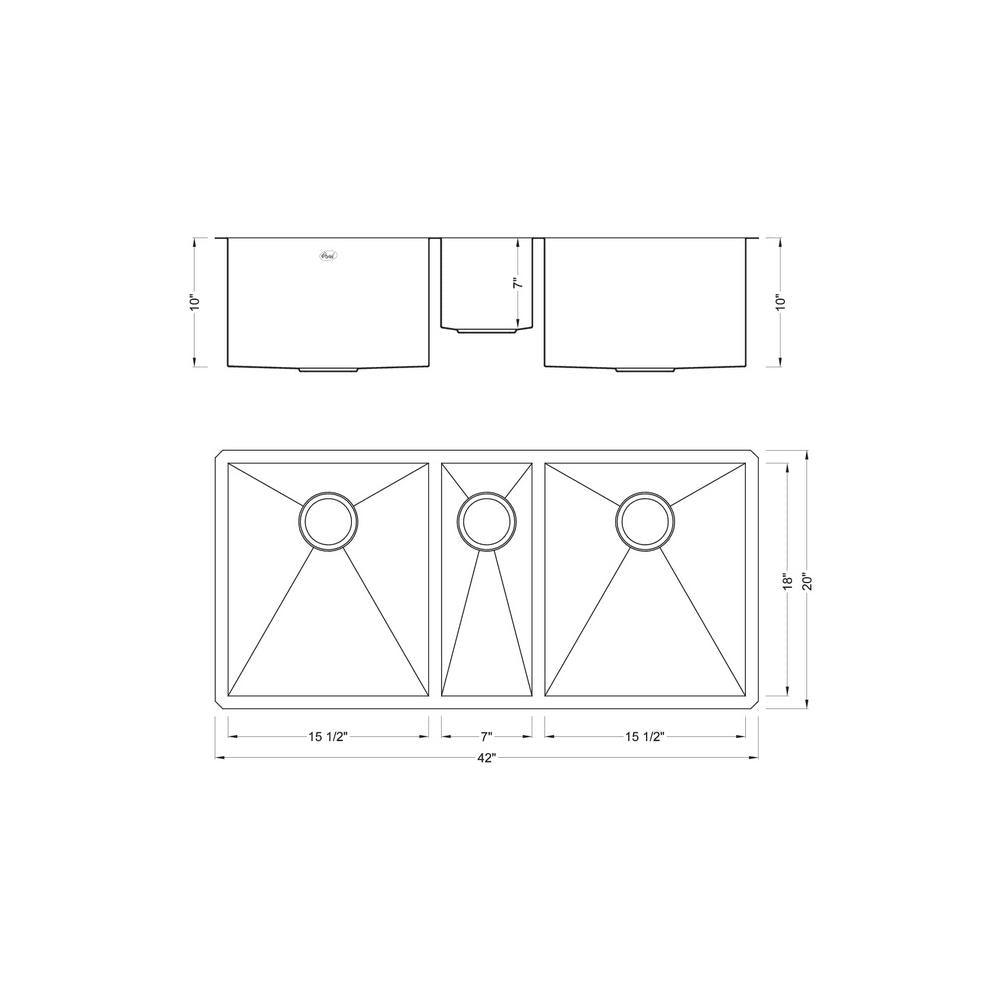 Undermount Stainless Steel 42 in. x 20 in. x 10 in. Deep 16-Gauge Triple Bowl 40/20/40 Zero Radius Kitchen Sink - Super Arbor