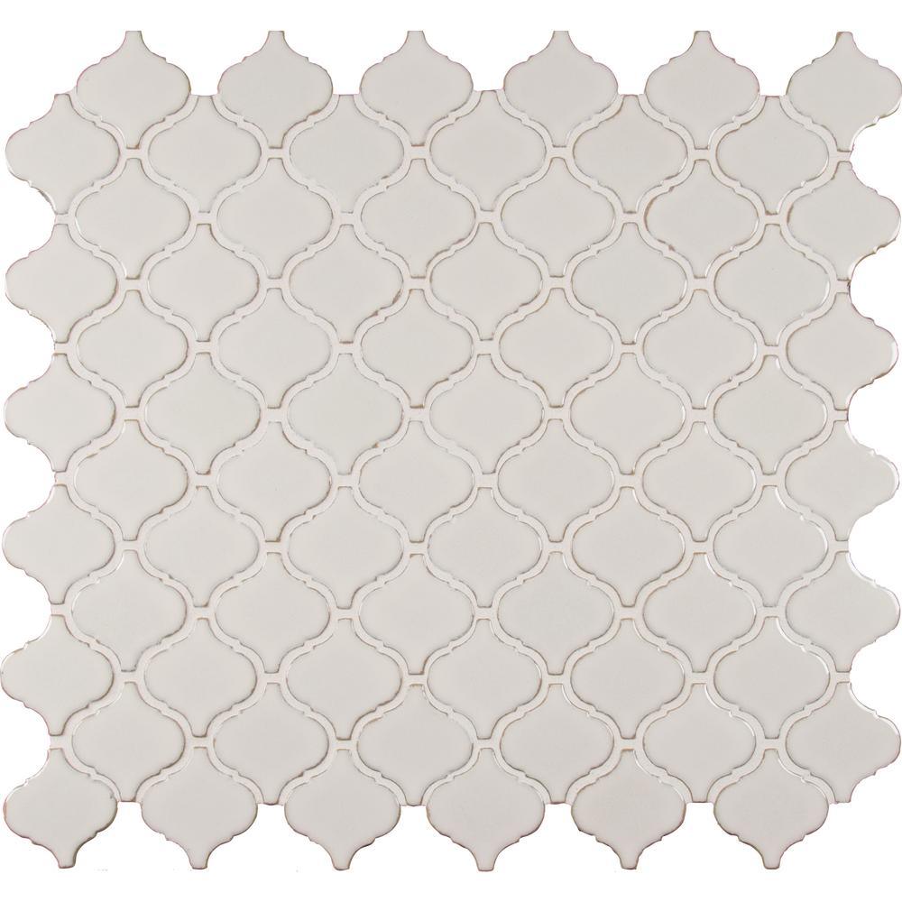Bianco Arabesque 9.84 in. x 10.63 in. x 6mm Glossy Ceramic Mesh-Mounted Mosaic Tile (10.95 sq. ft. / case) - Super Arbor
