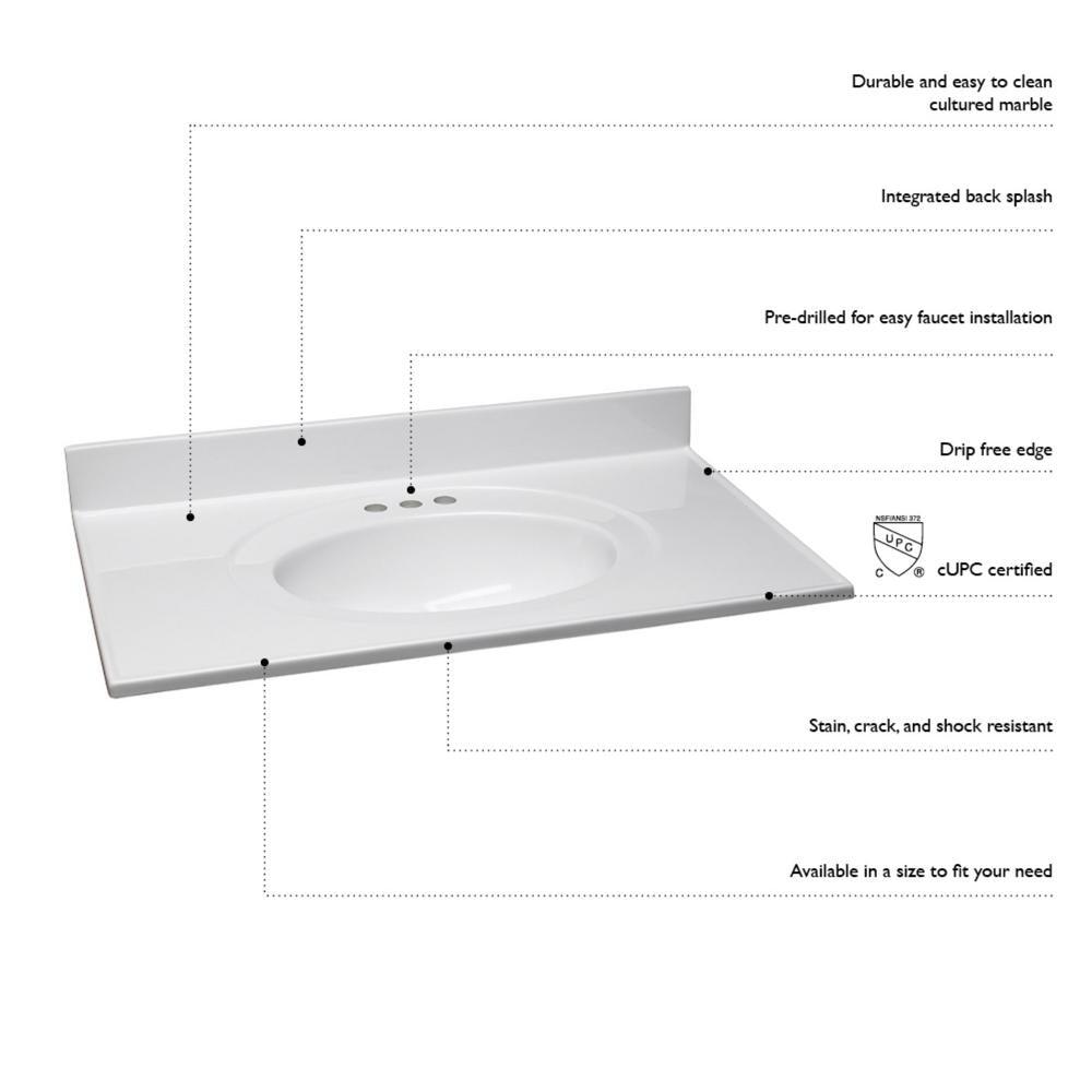 49 in. W x 19 in. D Cultured Marble Vanity Top with White on White Bowl - Super Arbor