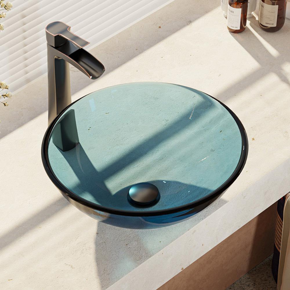 Glass Vessel Sink in Crystal with R9-7007 Faucet and Pop-Up Drain in Chrome - Super Arbor