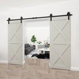 10 ft./120 in. Black Steel Sliding Barn Door Track and Hardware Kit for Double Doors with Floor Guide (J-Shape Hanger) - Super Arbor