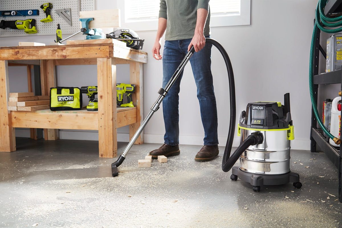 RYOBI ONE+ 18V Cordless 4.75 Gallon Wet/Dry Vacuum (Tool Only) with Hose, Crevice Tool, Floor Nozzle, and Extension Wands