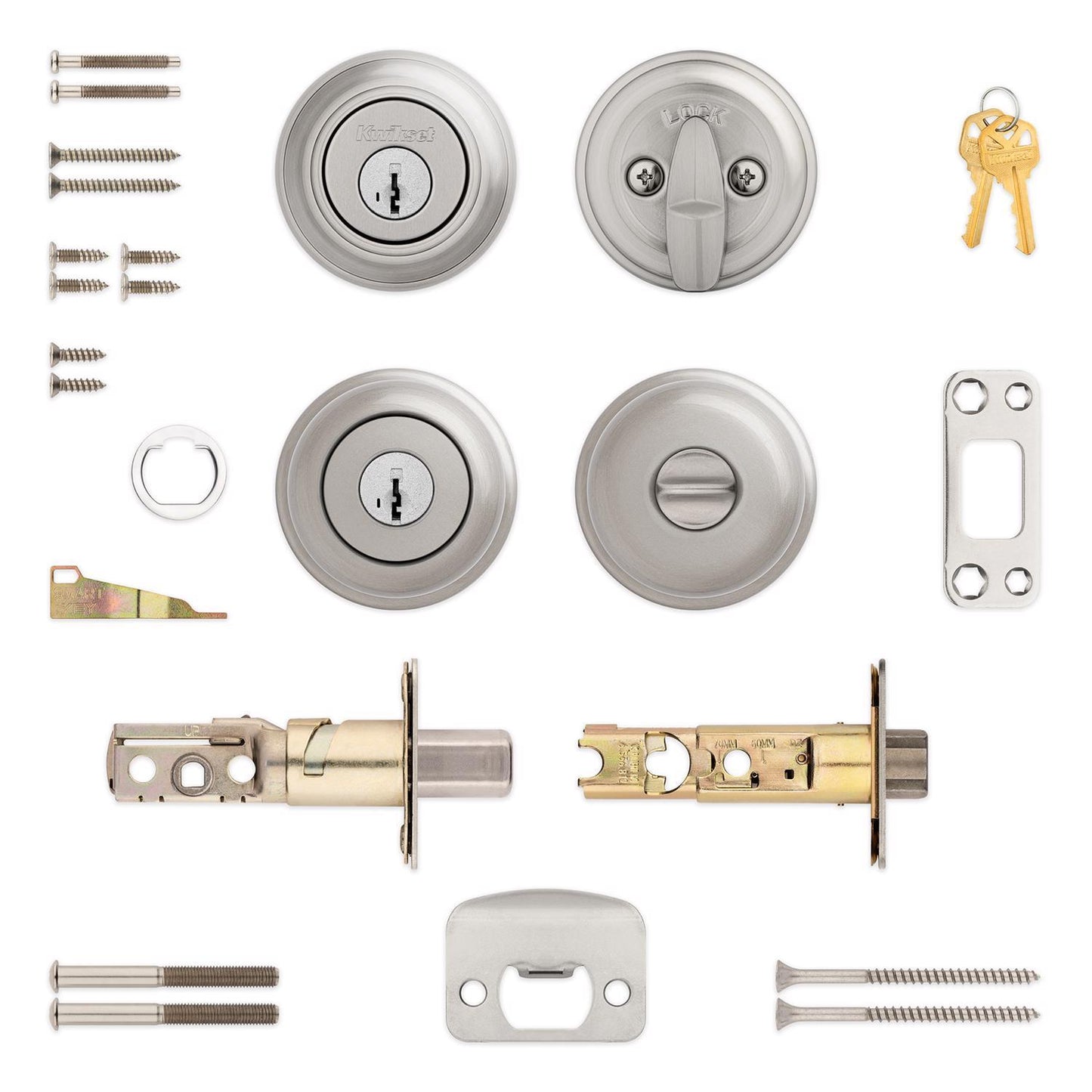 Kwikset SmartKey Juno Satin Nickel Knob and Single Cylinder Deadbolt, ANSI/BHMA Grade 2, KW1, 1-3/4 in.