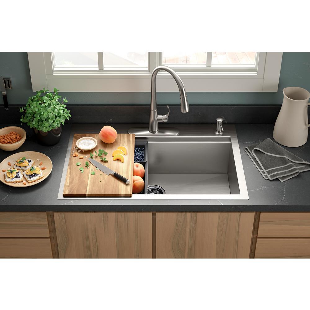 Lyric Dual Mount Workstation Stainless Steel 33 in 4-Hole Single Bowl Kitchen Sink with Integrated Ledge and Accessories - Super Arbor