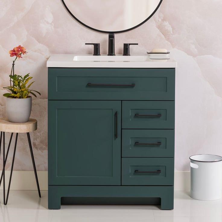Style Selections Cauley 30-in Viridian Green Single Sink Bathroom Vanity with White Cultured Marble Top