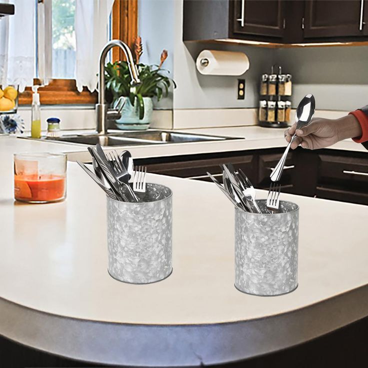 Silver Galvanized Utensil Holder Kitchen Condiment Organizer