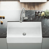 Matte Stone White Composite 33 in. Single Bowl Reversible Flat Farmhouse Apron-Front Kitchen Sink with Strainer - Super Arbor