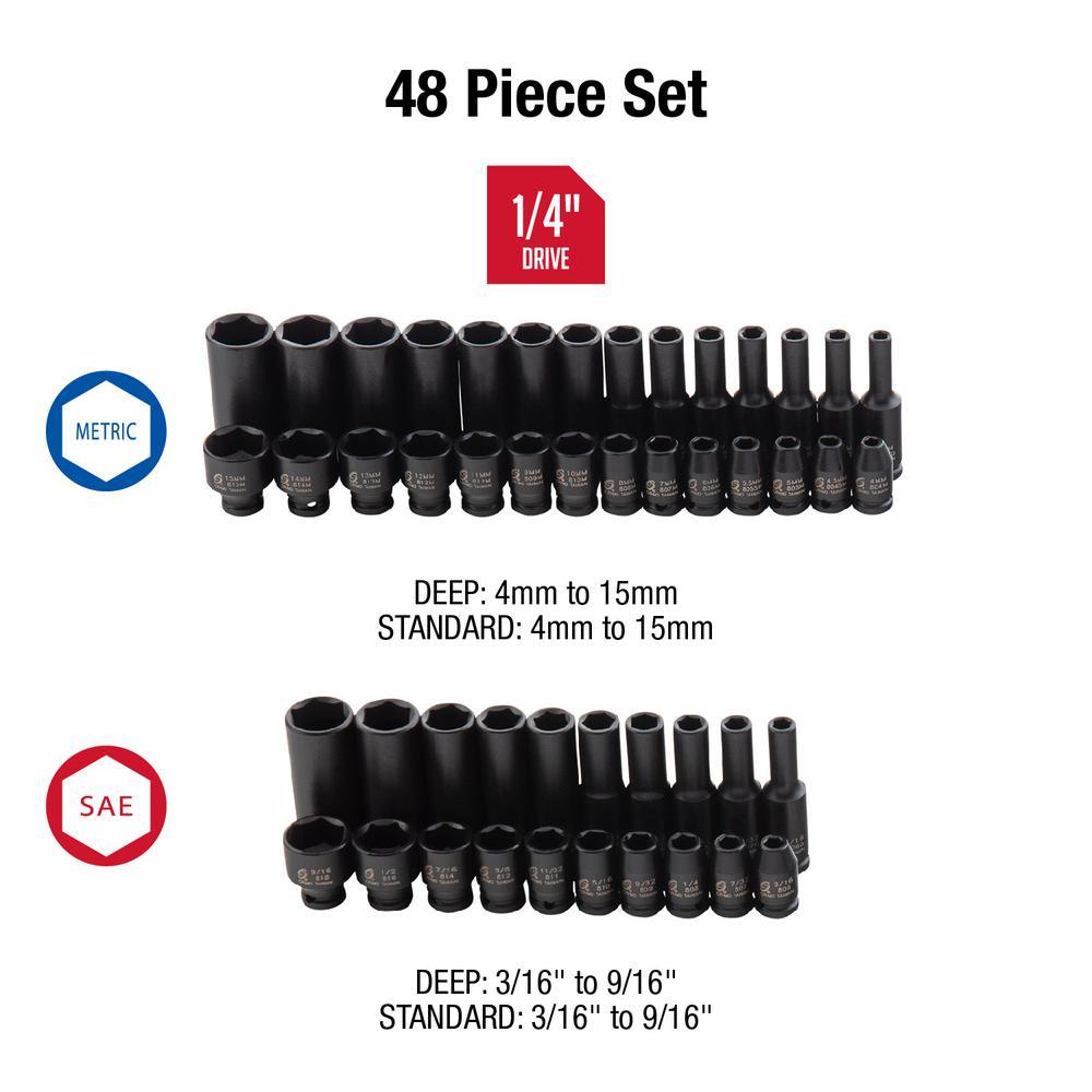 1/4 in. Drive SAE and Metric Impact Socket Set (48-Piece) - Super Arbor