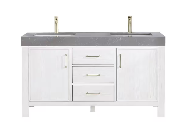 León 60 in.W x 22 in.D x 34 in.H Double Sink Bath Vanity in Fir Wood White with Grey Composite Stone Top