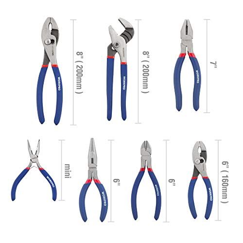 WORKPRO 7-piece Pliers Set (8-inch Groove Joint Pliers, 6-inch Long Nose, 6-inch Slip Joint, 4-1/2 Inch Long Nose, 6-inch Diagonal, 7-inch Linesman, 8-inch Slip Joint) for DIY & Home Use - Free Delivery