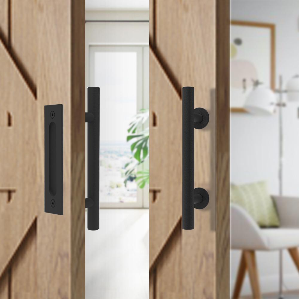 6 ft./72 in. Black Steel Bent Strap Sliding Barn Door Track and Hardware Kit with 12 in. Cylinder Handle and Floor Guide - Super Arbor